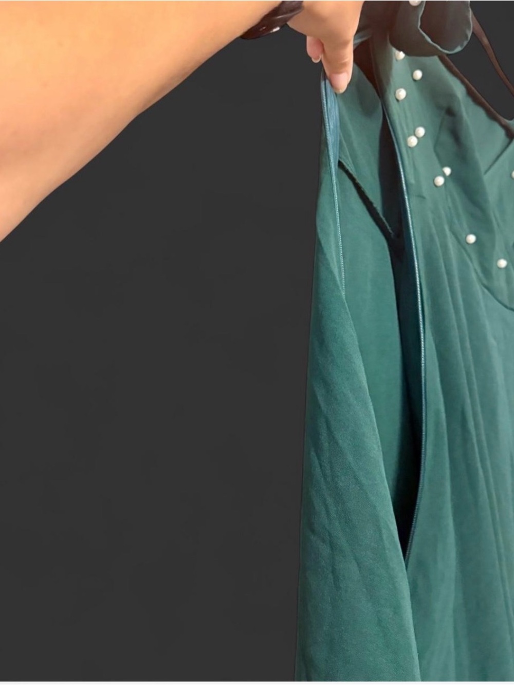 Dress V-Neck Midi Dress Pearls emerald green XL womans T length holiday flowy - Picture 5 of 7